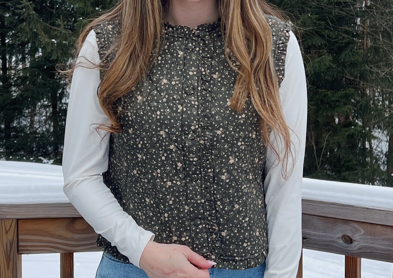 The Meadow Muse Evergreen Floral Quilted Vest