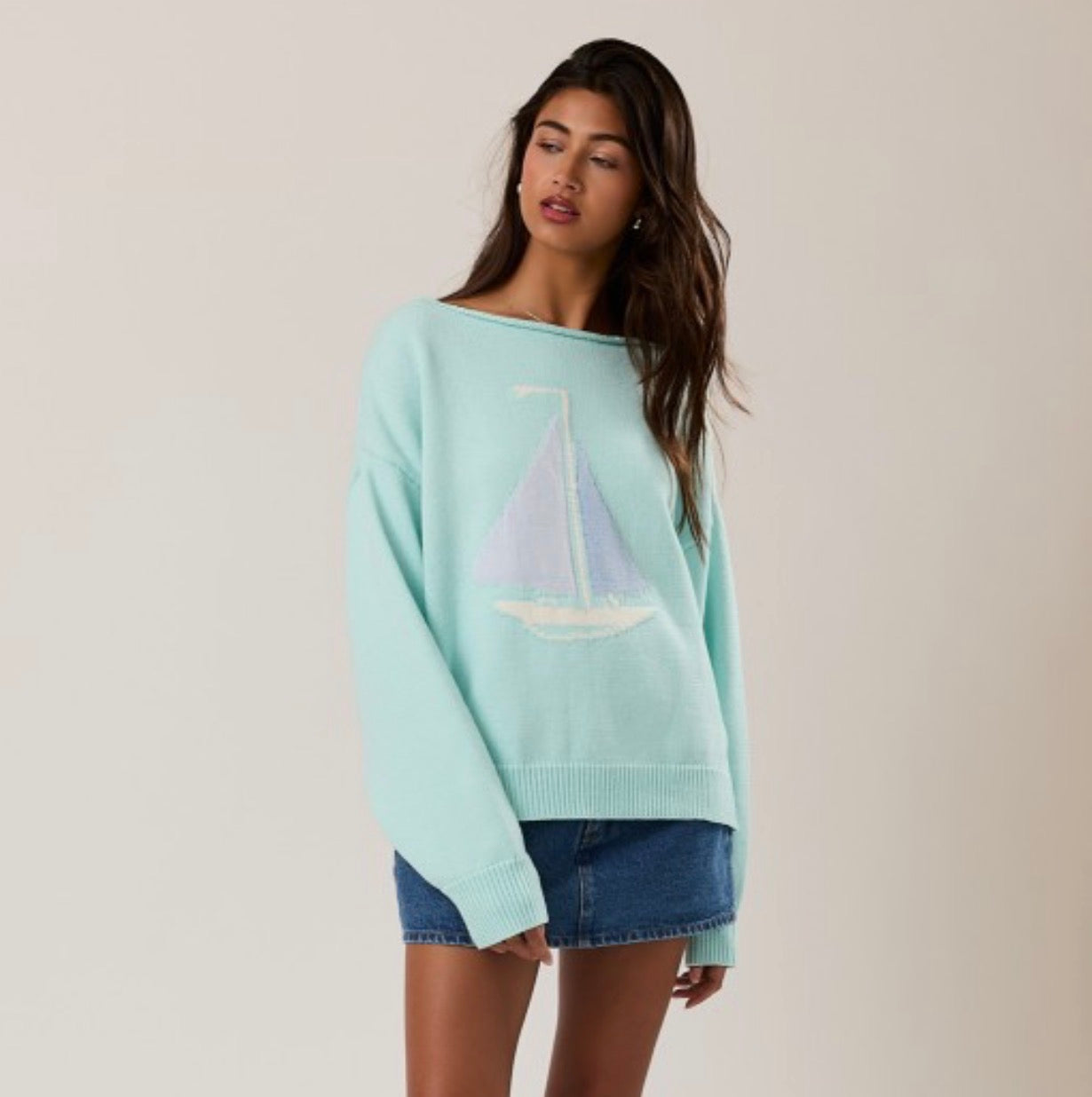 Sail Away Boat Neck Sweater in Mint