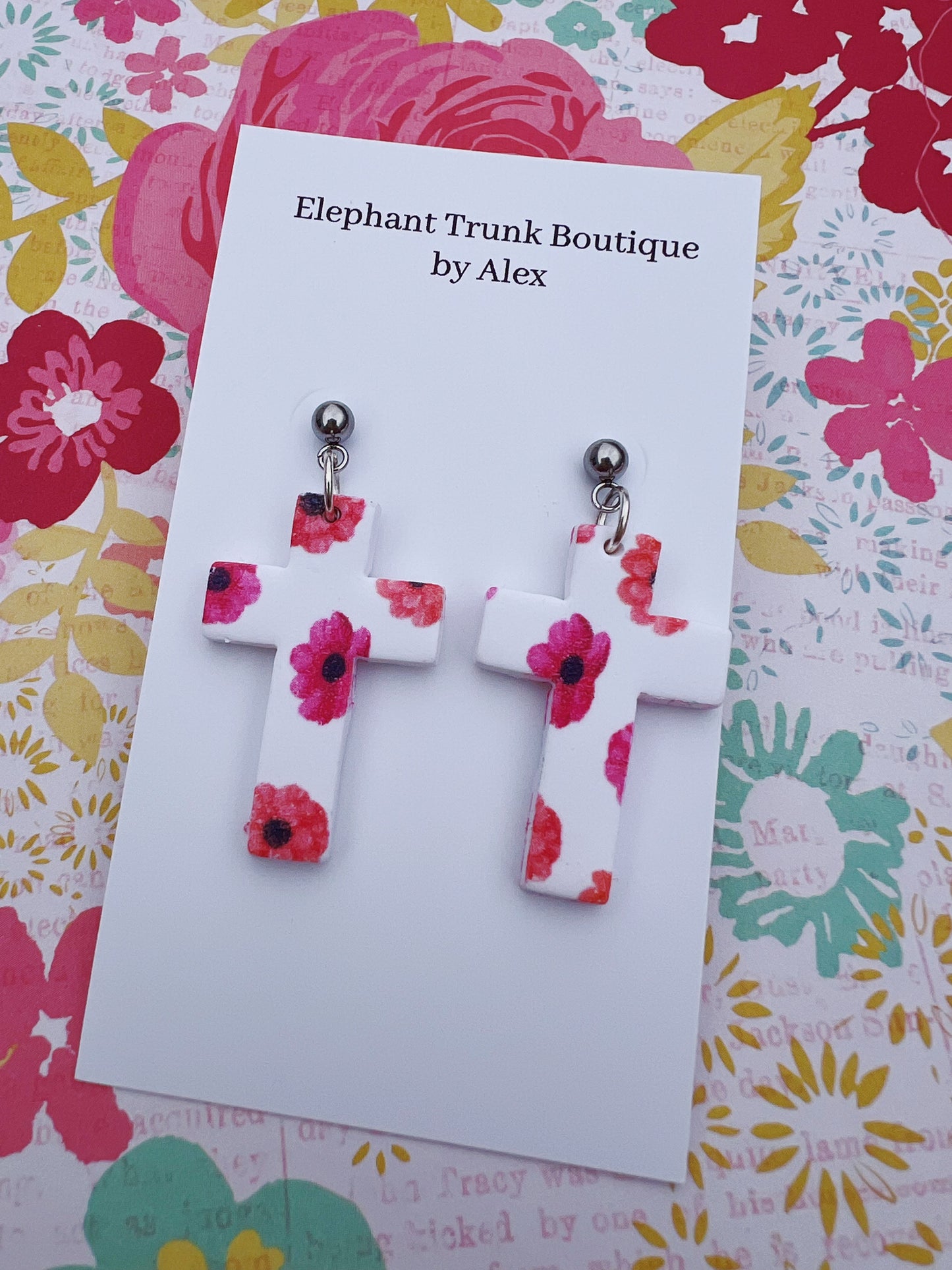 White Floral Printed Cross Clay Dangle Earrings