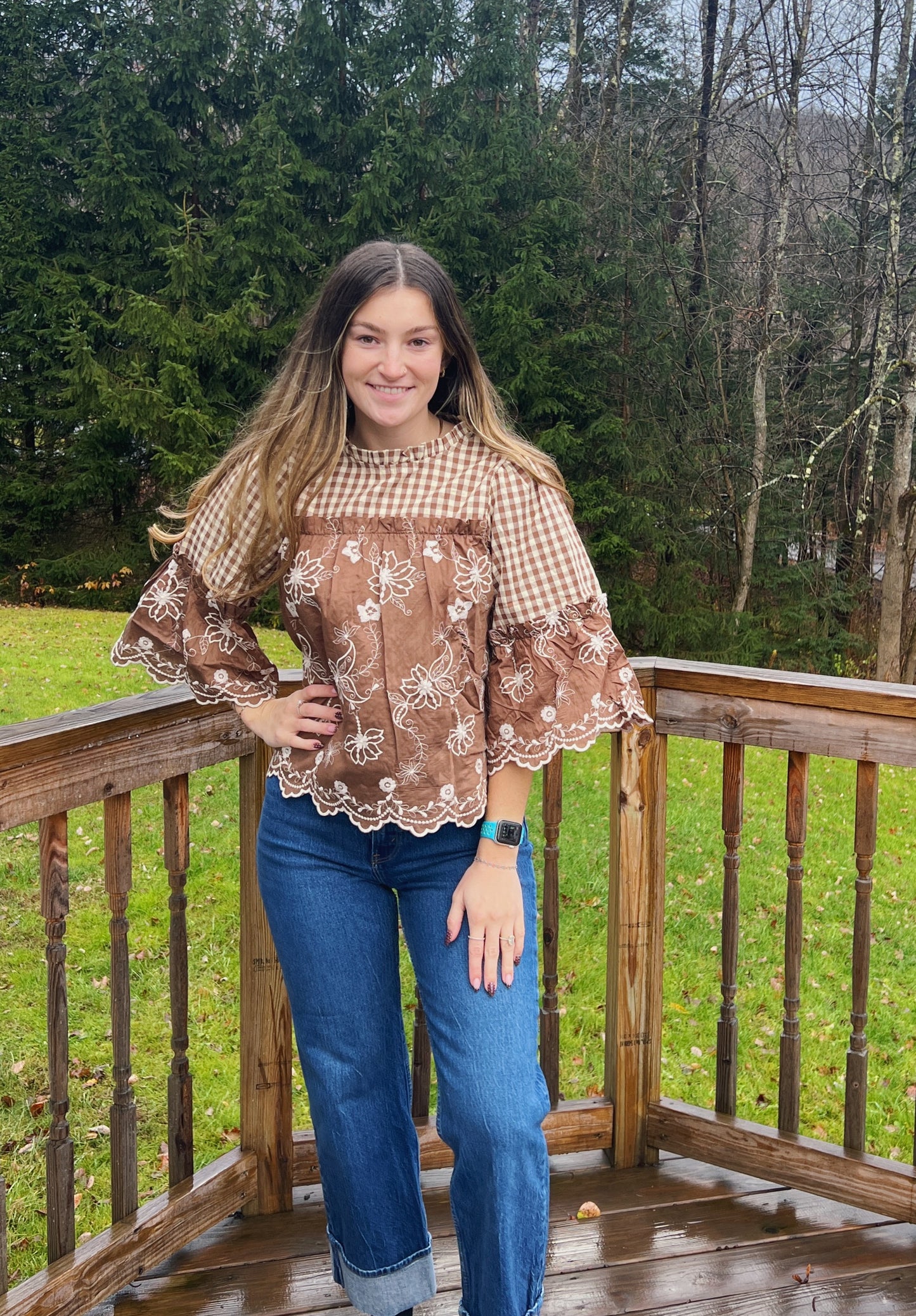 Over Coffee Chats Floral Embroidery Gingham Blouse