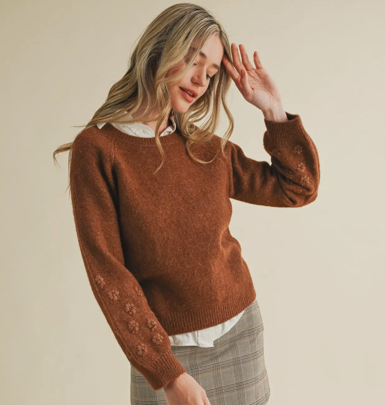 Cinnamon Spice Floral Design Knit Sweater