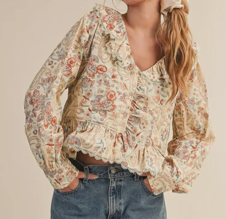Be Mine Paisley Print Lace Trim Quilted Blouse