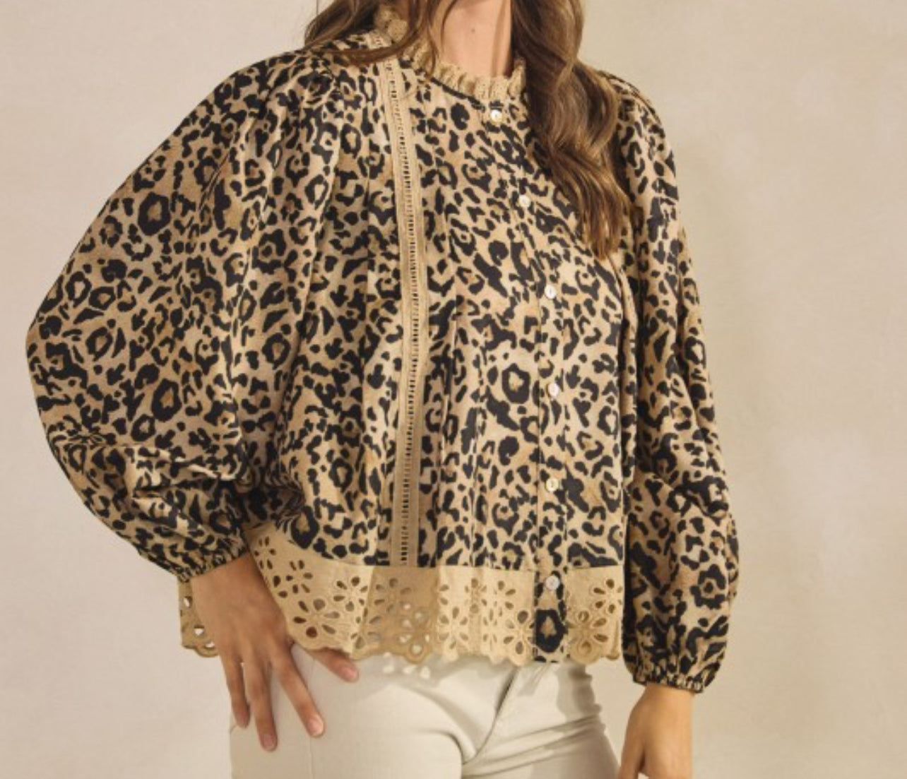 Leopard Eyelet Hem Button Down Blouse