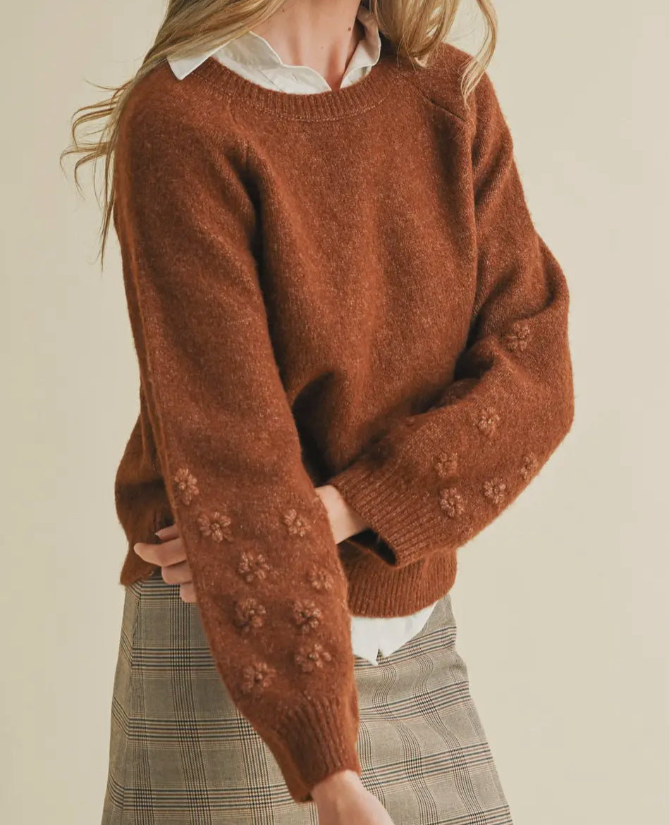 Cinnamon Spice Floral Design Knit Sweater