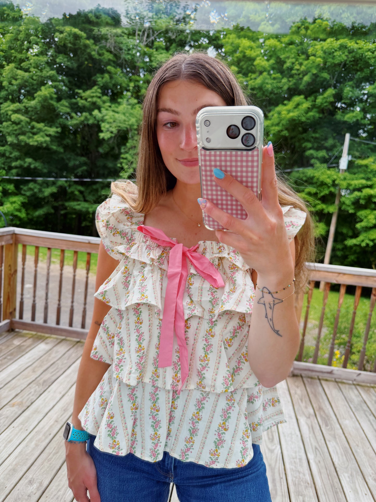 Summer Blooms Ruffle Bow Tank Blouse