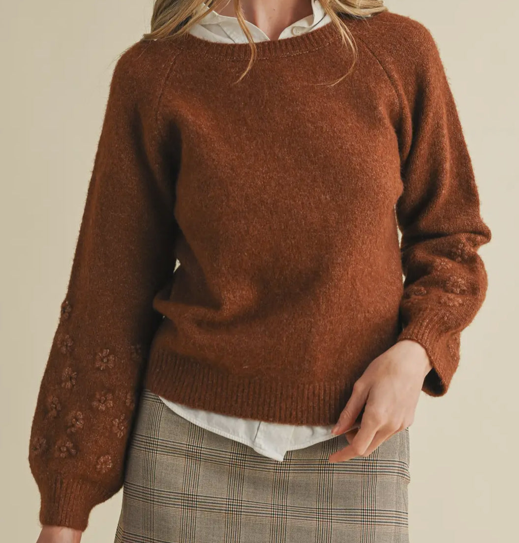 Cinnamon Spice Floral Design Knit Sweater