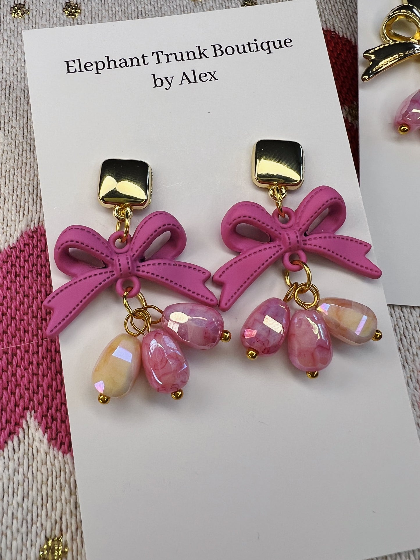 Bow with Square Stud and Bead Dangle