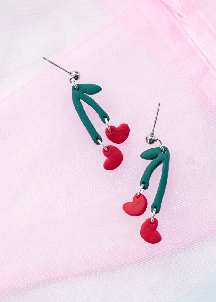 Valentines Cherry Heart Dangle Earrings