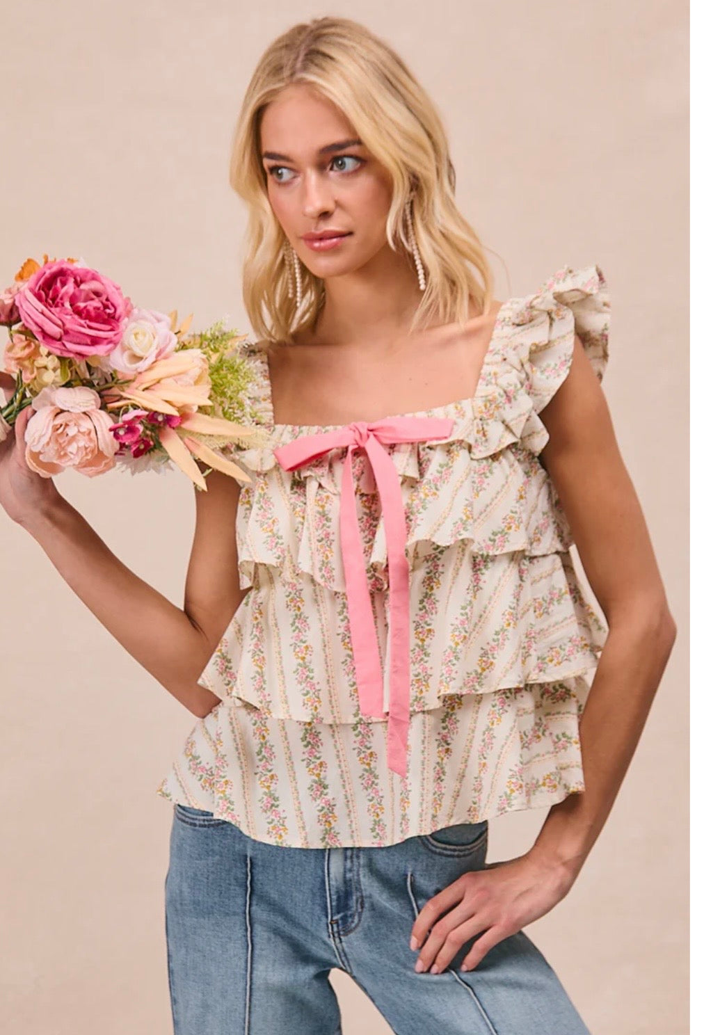 Summer Blooms Ruffle Bow Tank Blouse