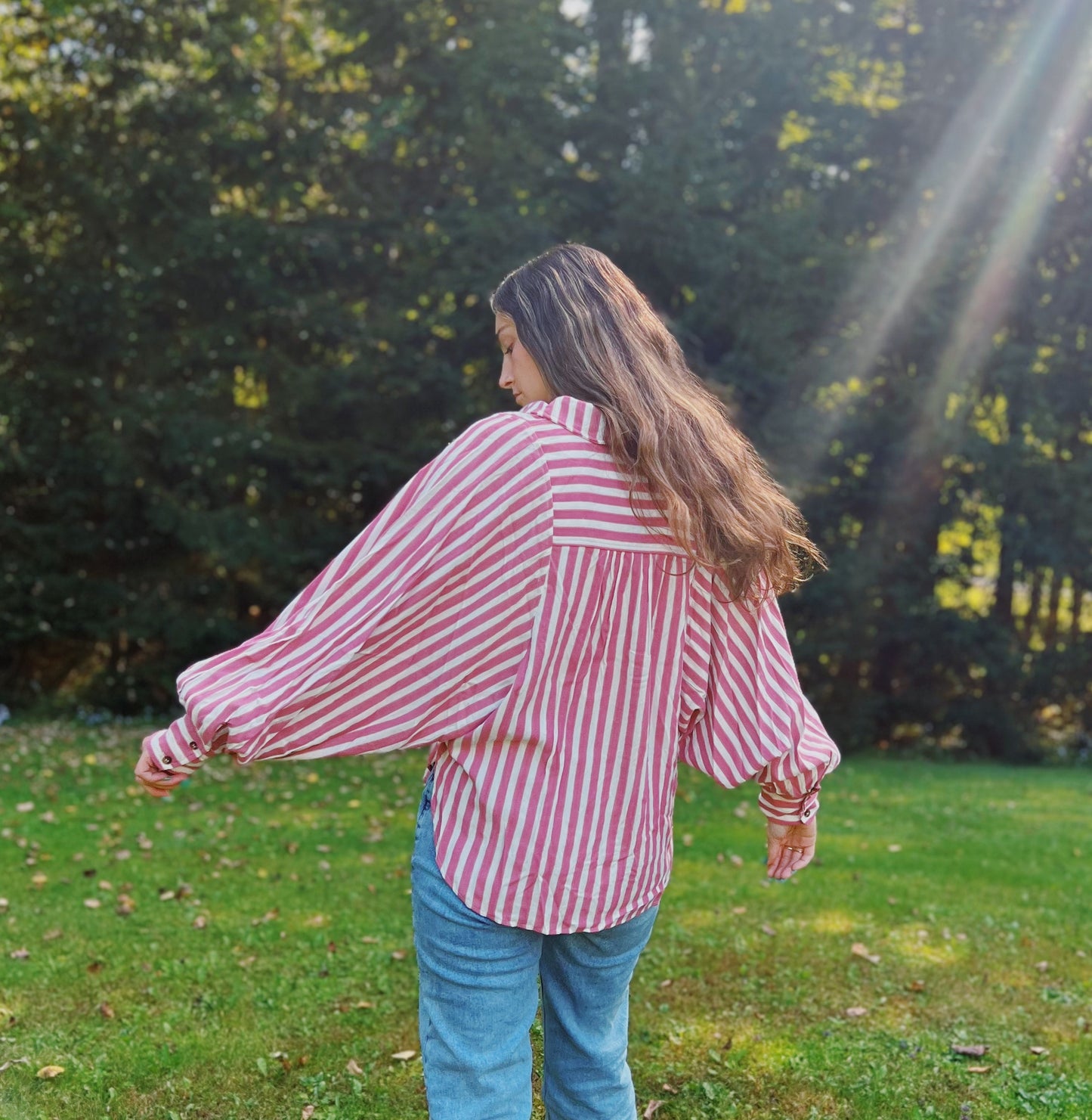 Sweet Perspective Striped Raspberry Batwing Button Down