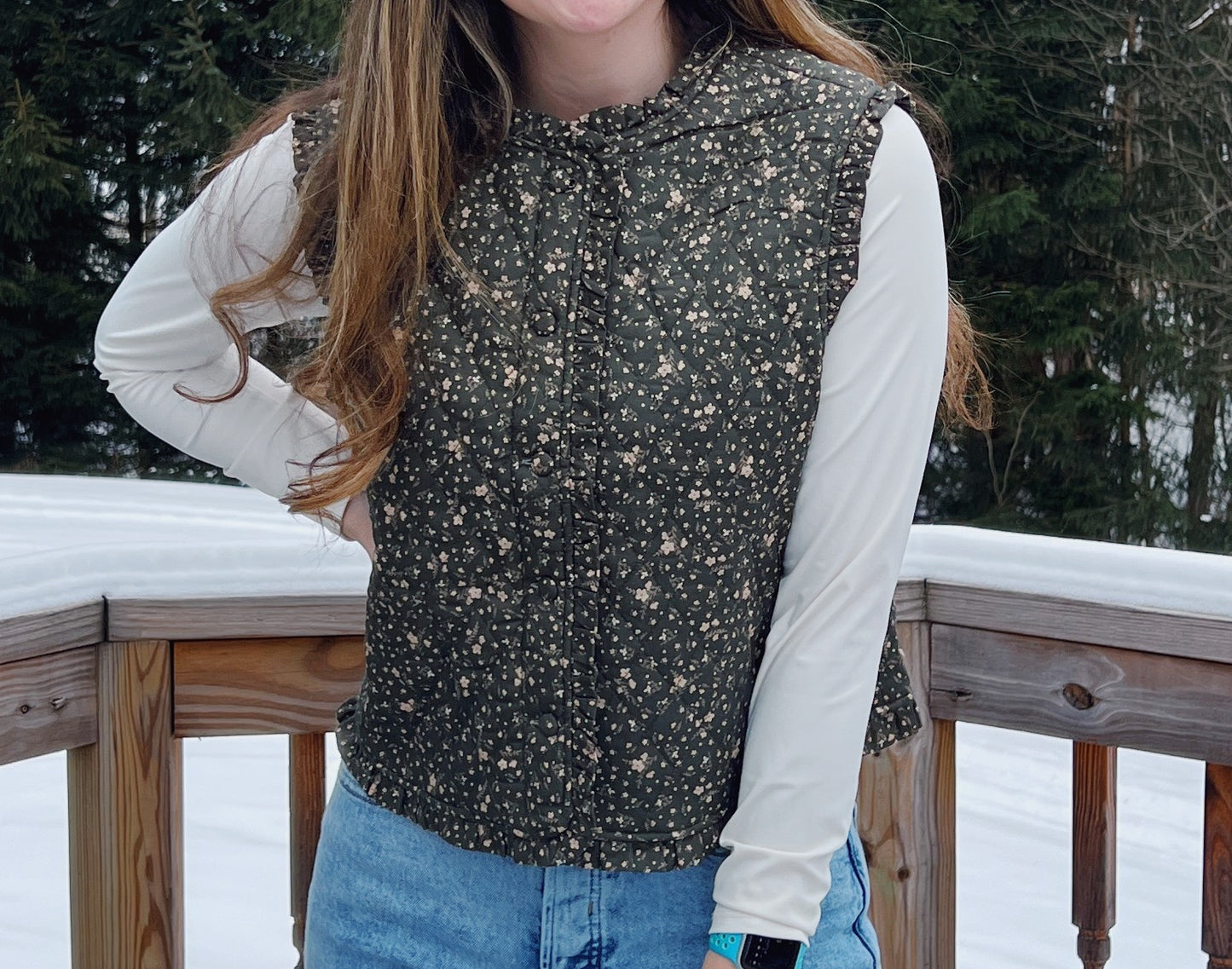 The Meadow Muse Evergreen Floral Quilted Vest