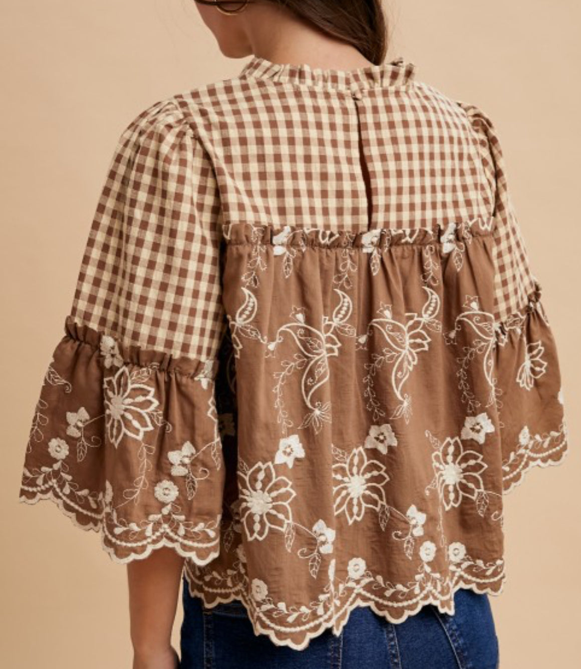 Over Coffee Chats Floral Embroidery Gingham Blouse