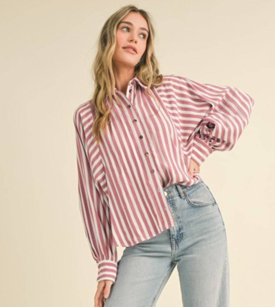 Sweet Perspective Striped Raspberry Batwing Button Down