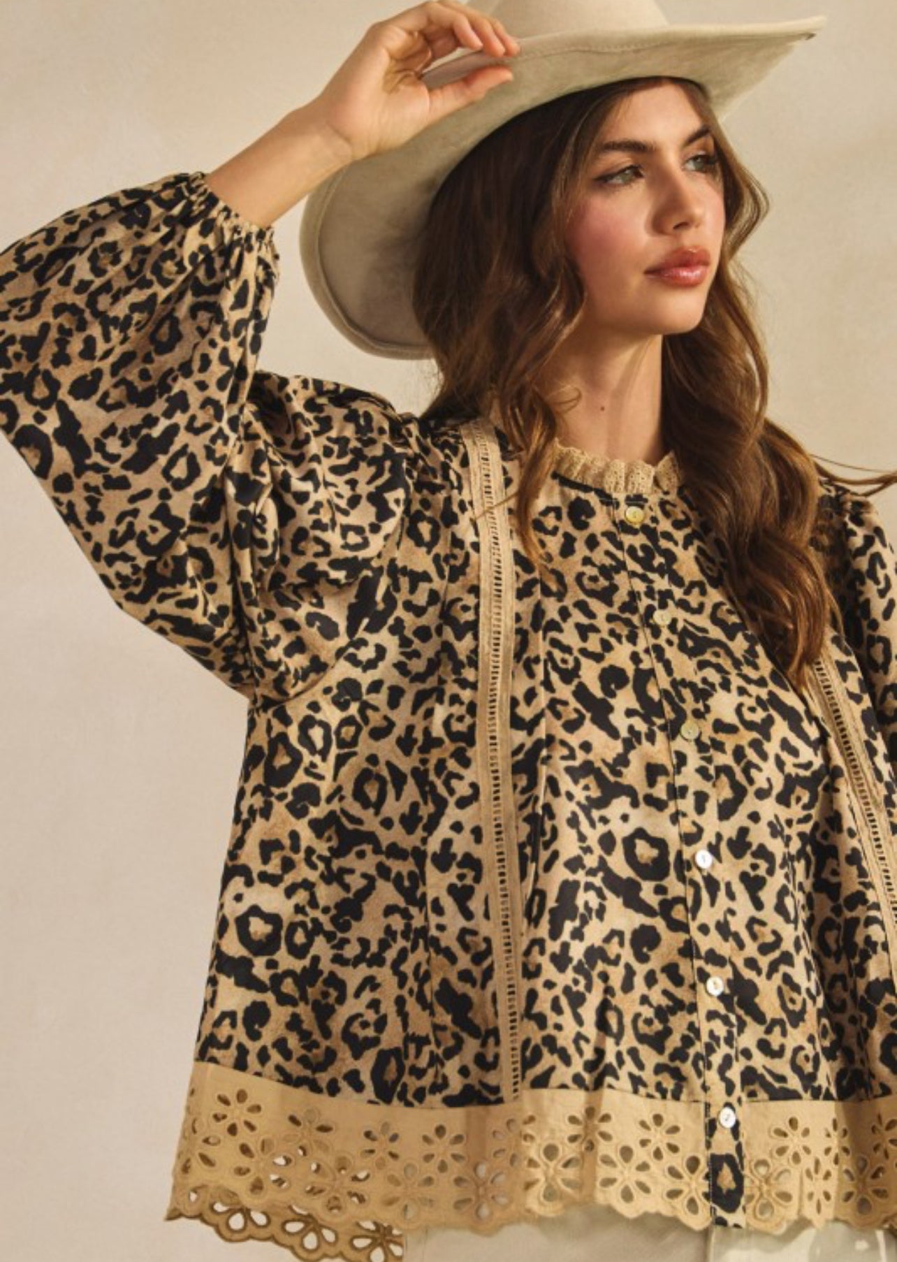 Leopard Eyelet Hem Button Down Blouse