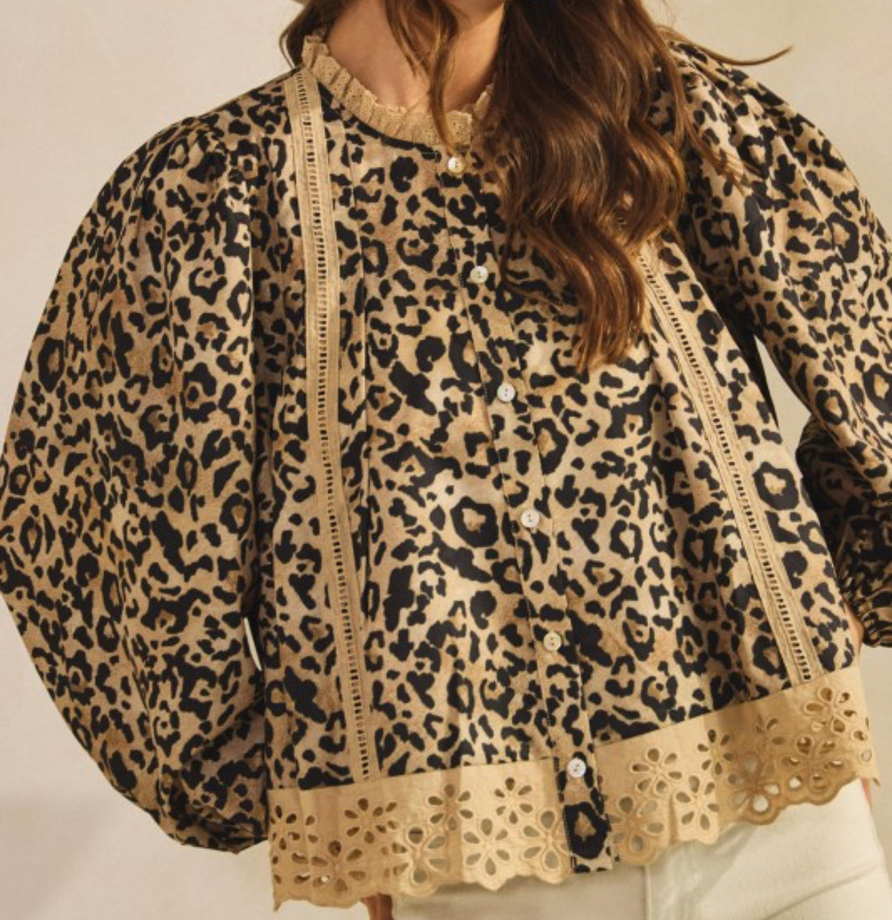 Leopard Eyelet Hem Button Down Blouse