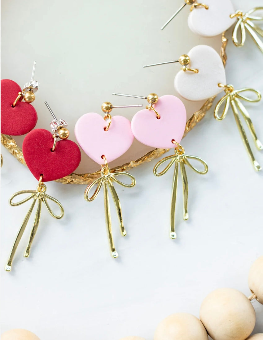 Valentines Heart Bow Dangle Earrings