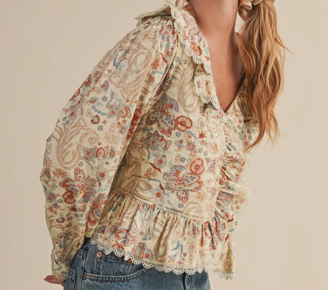 Be Mine Paisley Print Lace Trim Quilted Blouse