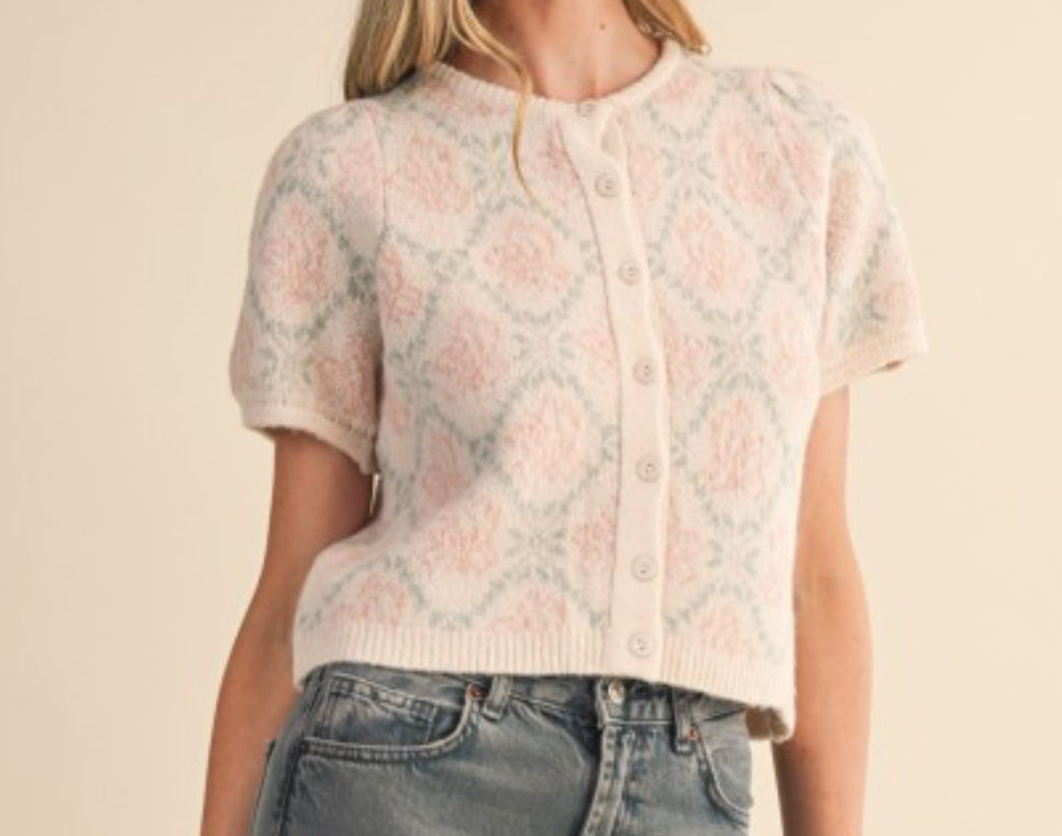 New Love Cream Mint Floral Short Sleeve Sweater Cardigan