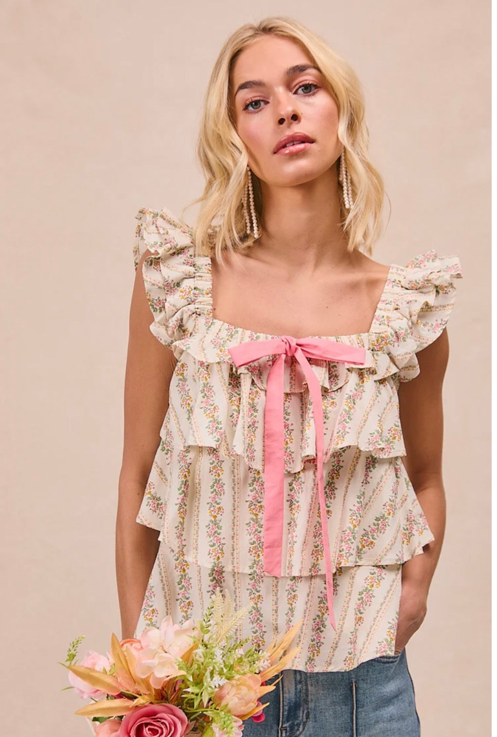 Summer Blooms Ruffle Bow Tank Blouse