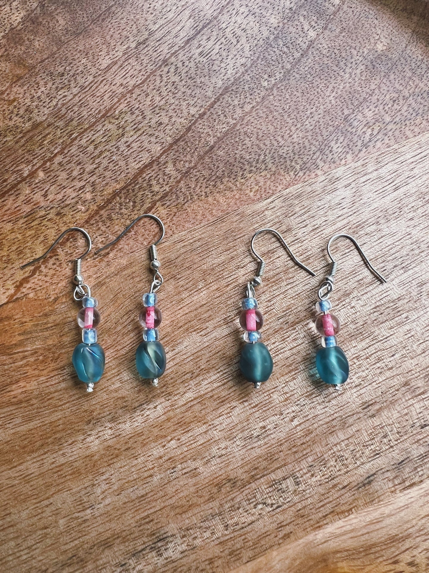 Handmade Blue & Pink Beaded Dangle Earrings