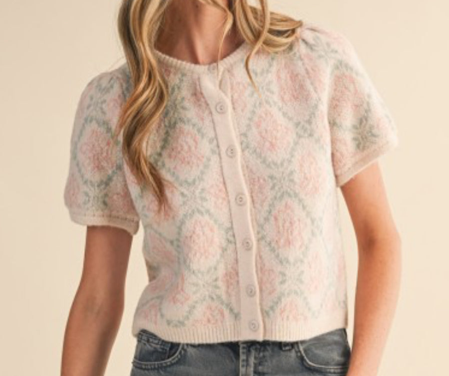 New Love Cream Mint Floral Short Sleeve Sweater Cardigan