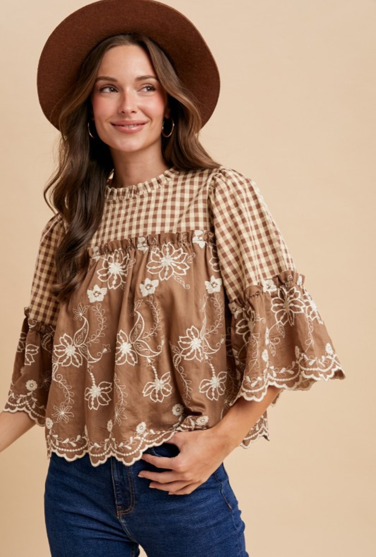Over Coffee Chats Floral Embroidery Gingham Blouse