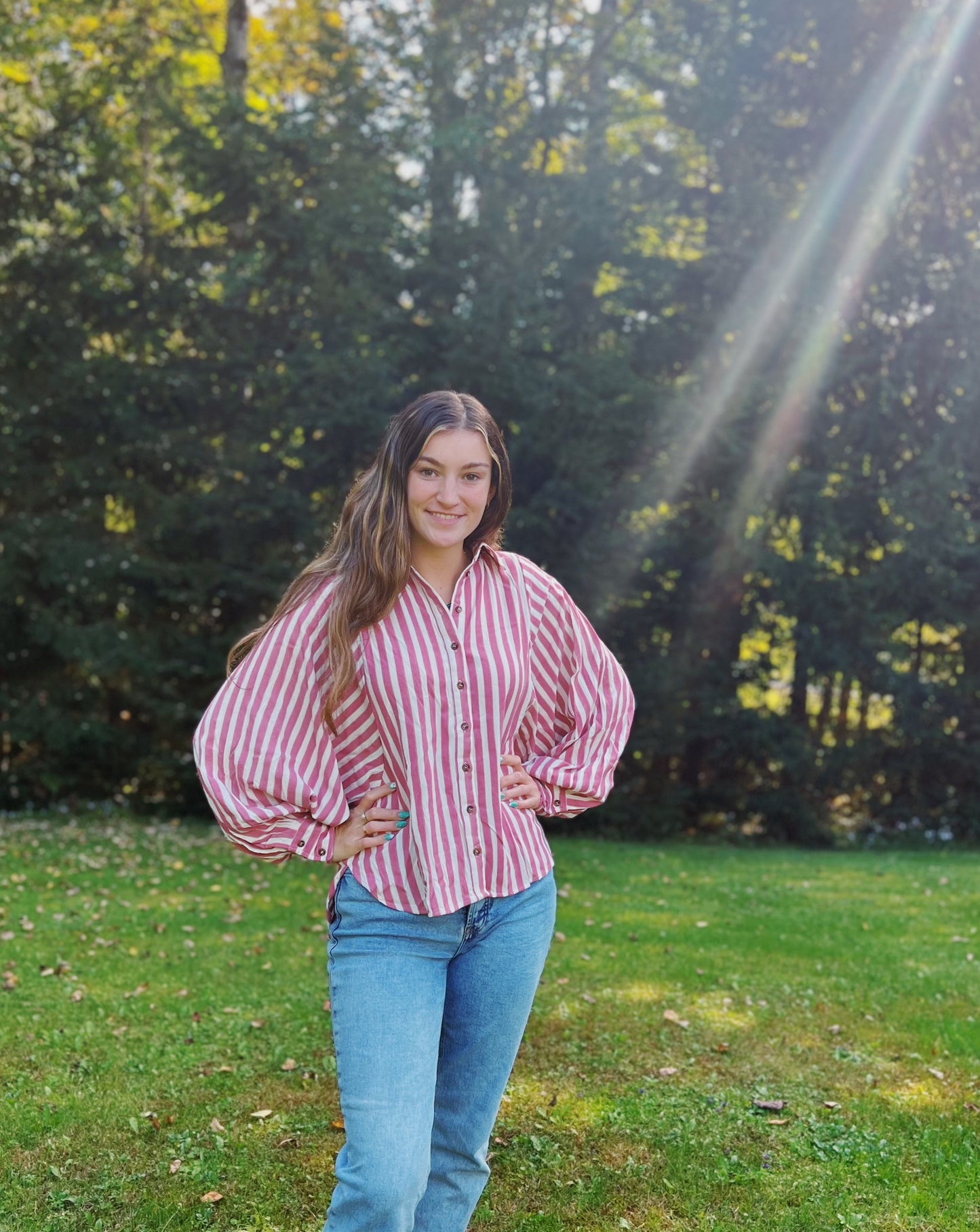 Sweet Perspective Striped Raspberry Batwing Button Down