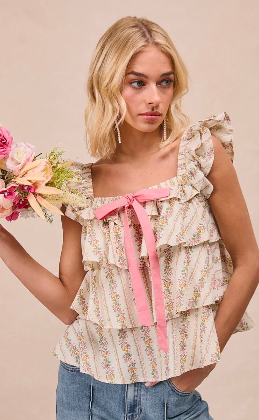 Summer Blooms Ruffle Bow Tank Blouse