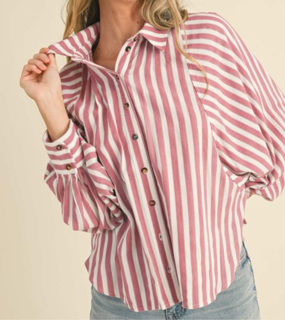 Sweet Perspective Striped Raspberry Batwing Button Down