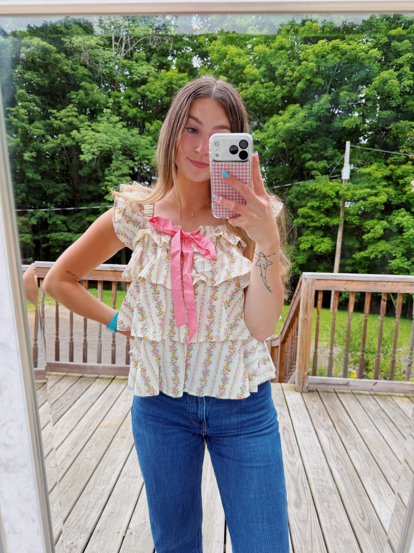 Summer Blooms Ruffle Bow Tank Blouse