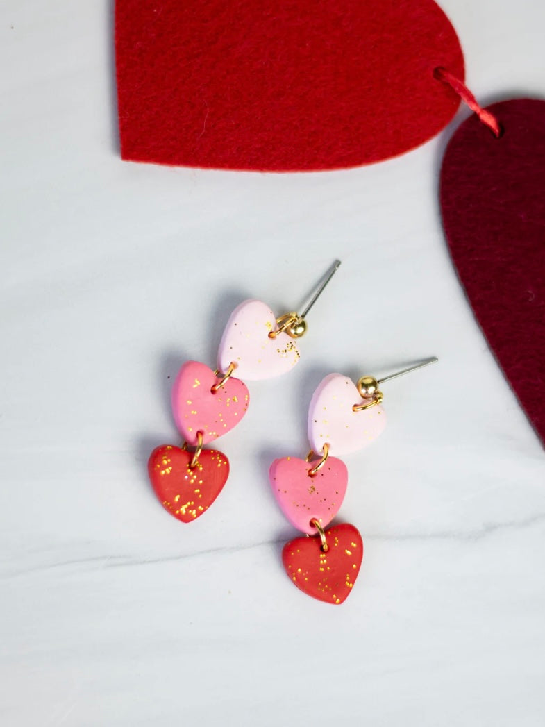 Valentines Golden Sparkles Heart Trio Dangle Earrings