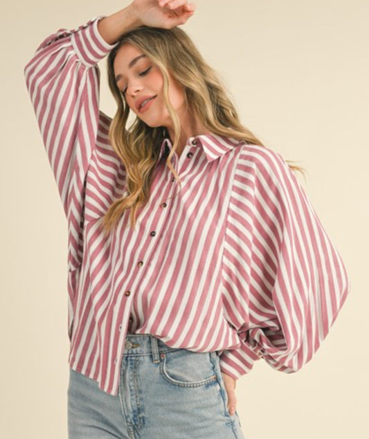 Sweet Perspective Striped Raspberry Batwing Button Down