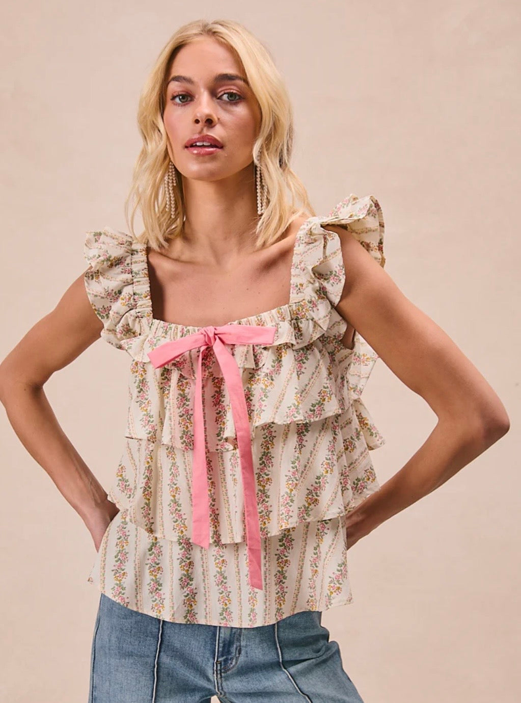 Summer Blooms Ruffle Bow Tank Blouse