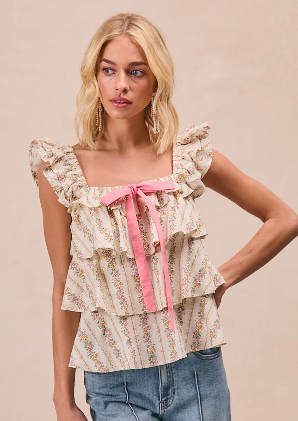 Summer Blooms Ruffle Bow Tank Blouse