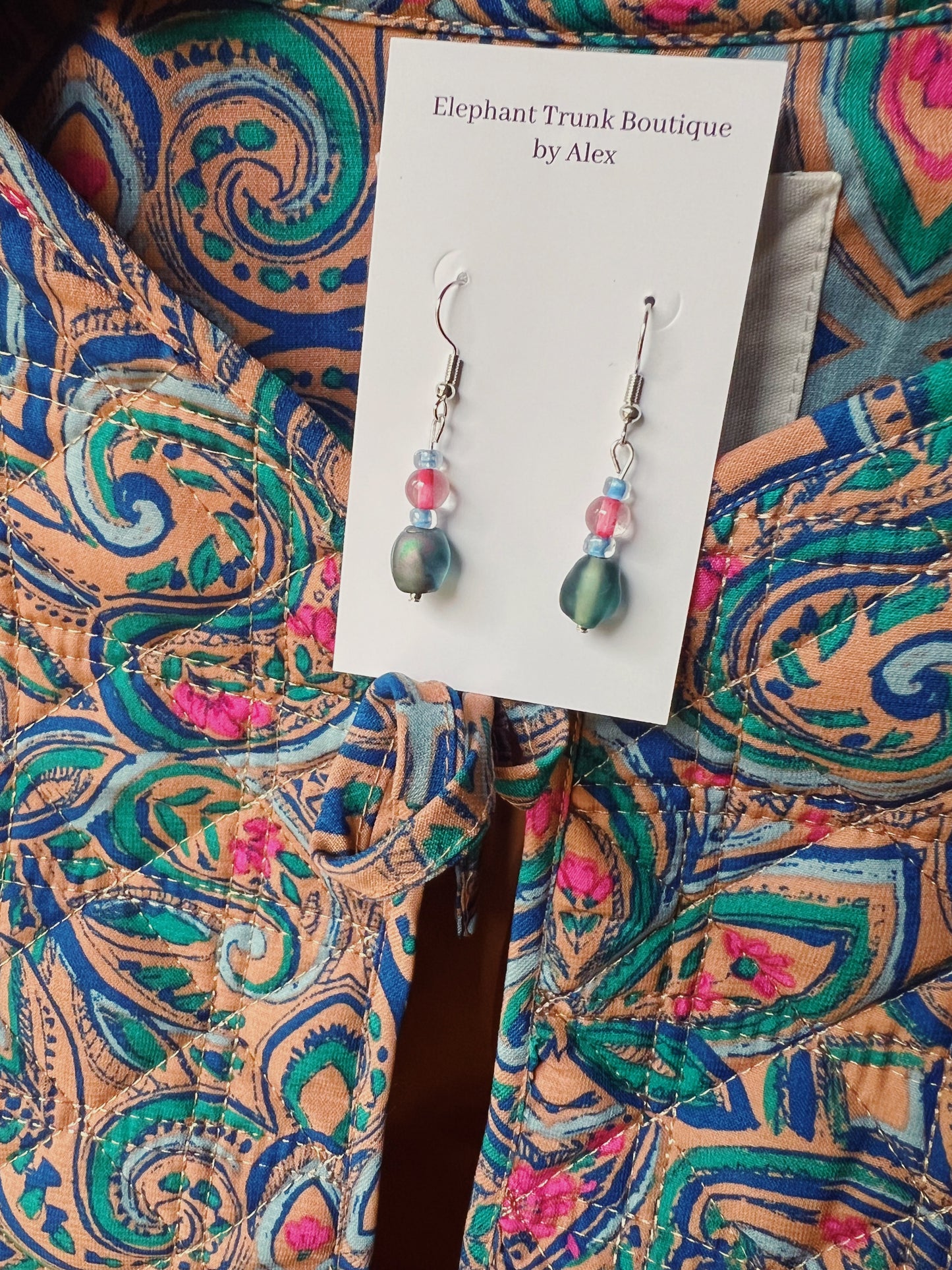 Handmade Blue & Pink Beaded Dangle Earrings