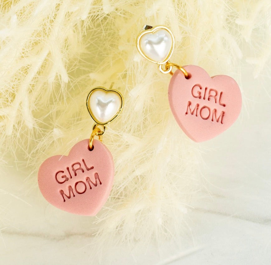 Mothers Day Pink Heart Clay Earrings