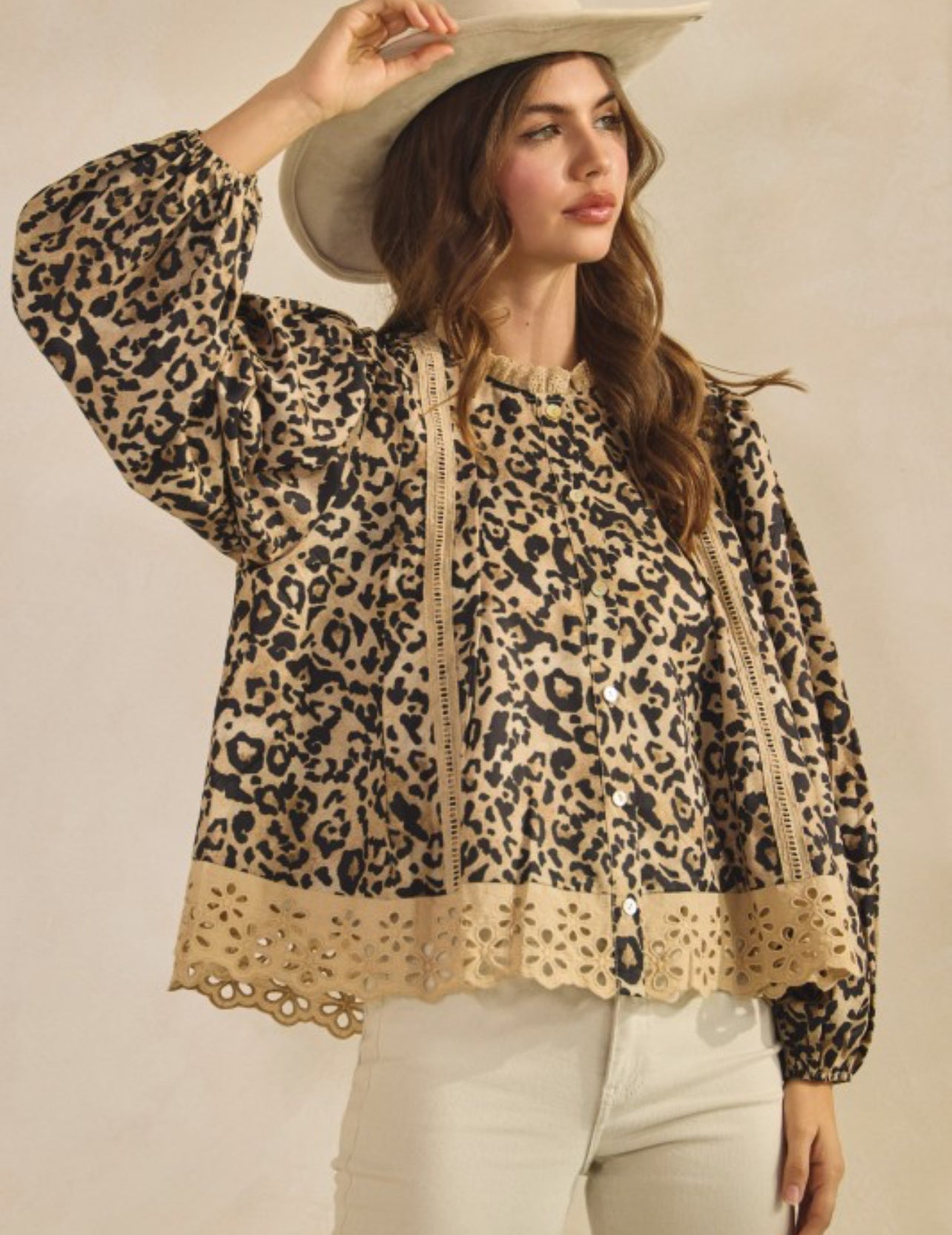 Leopard Eyelet Hem Button Down Blouse