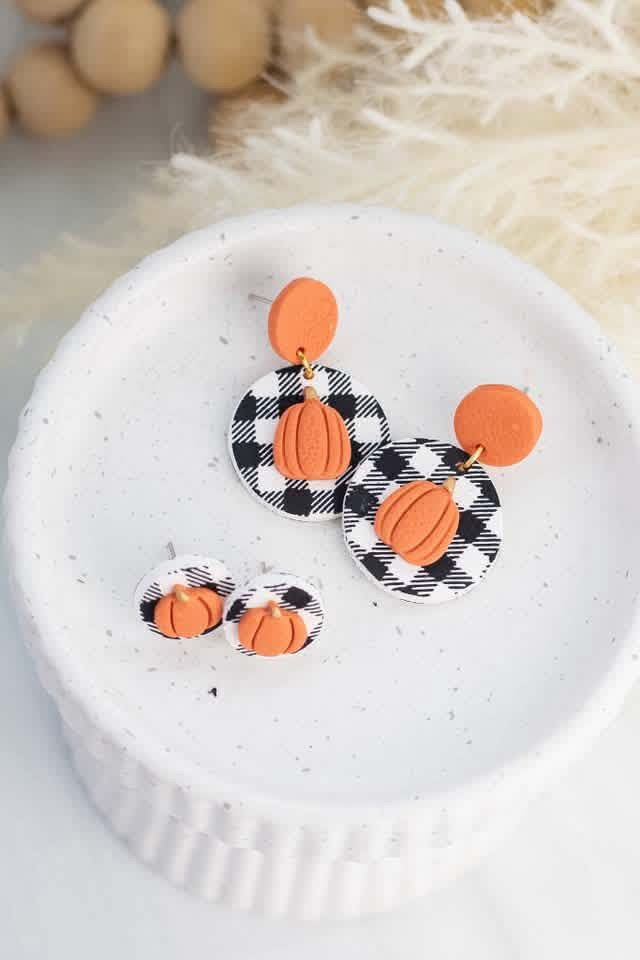 Pumpkin on Plaid Clay Earrings