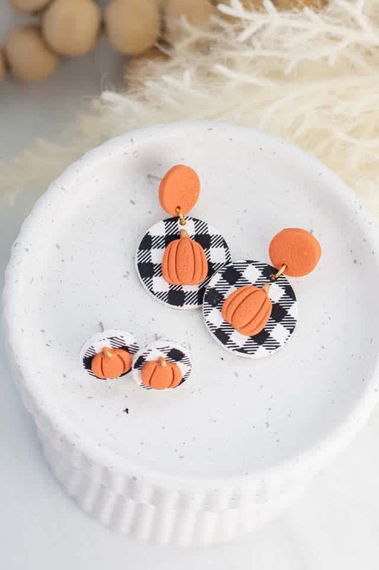 Pumpkin on Plaid Clay Earrings