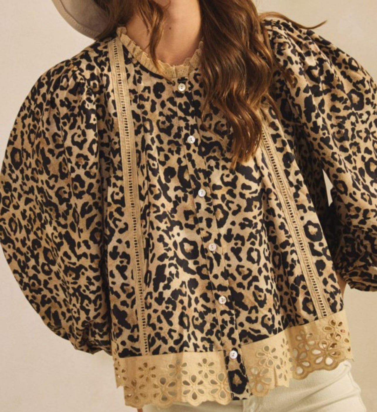 Leopard Eyelet Hem Button Down Blouse