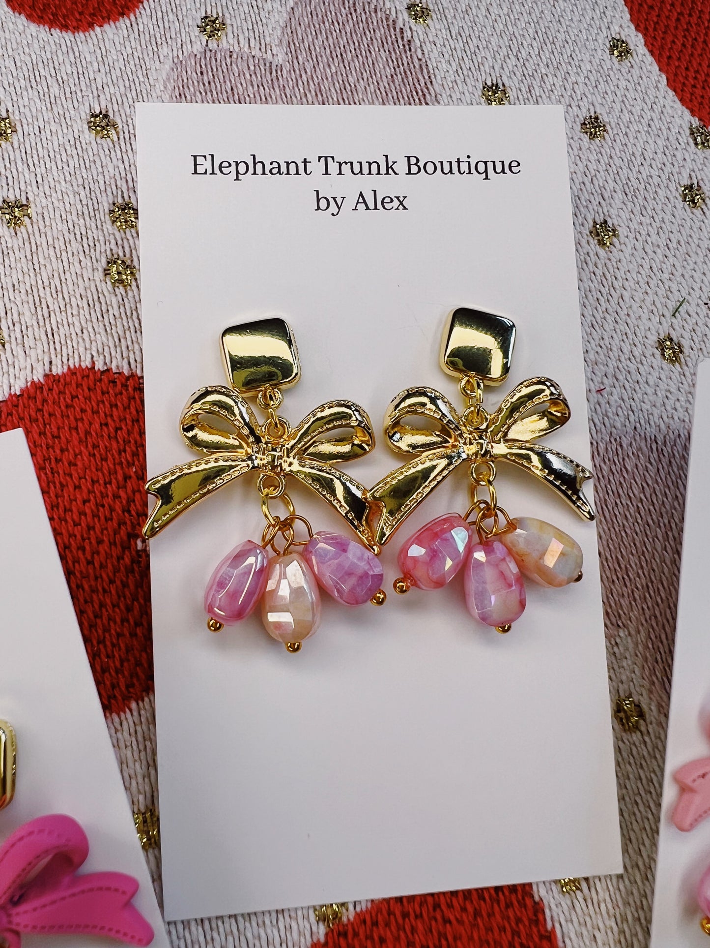 Bow with Square Stud and Bead Dangle