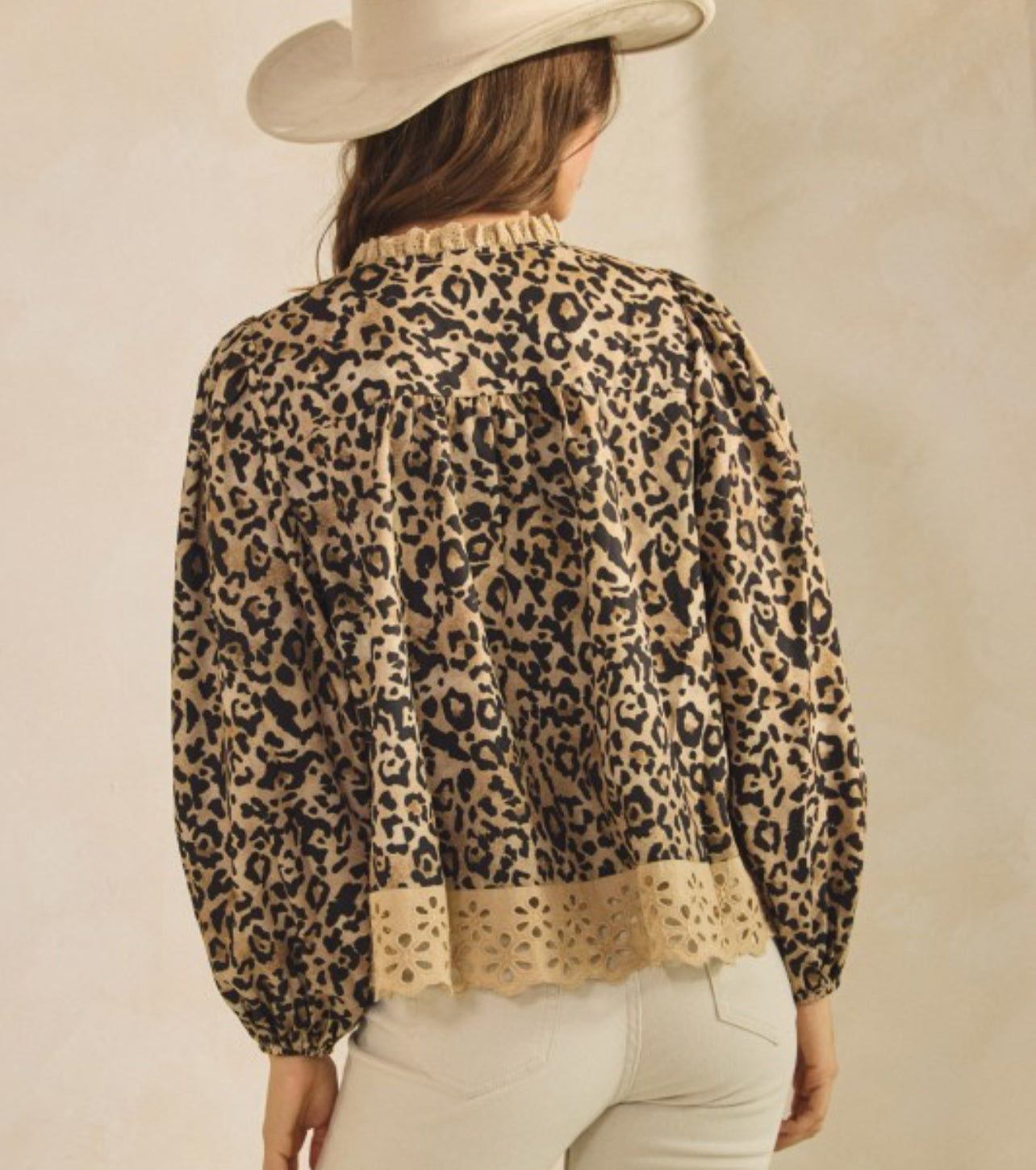 Leopard Eyelet Hem Button Down Blouse
