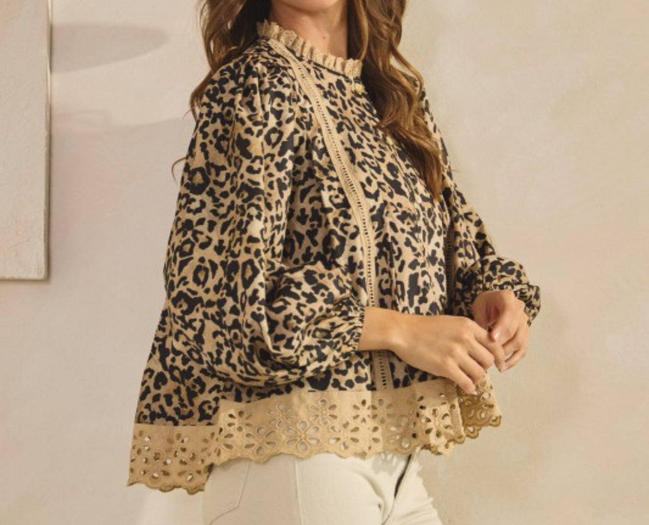 Leopard Eyelet Hem Button Down Blouse