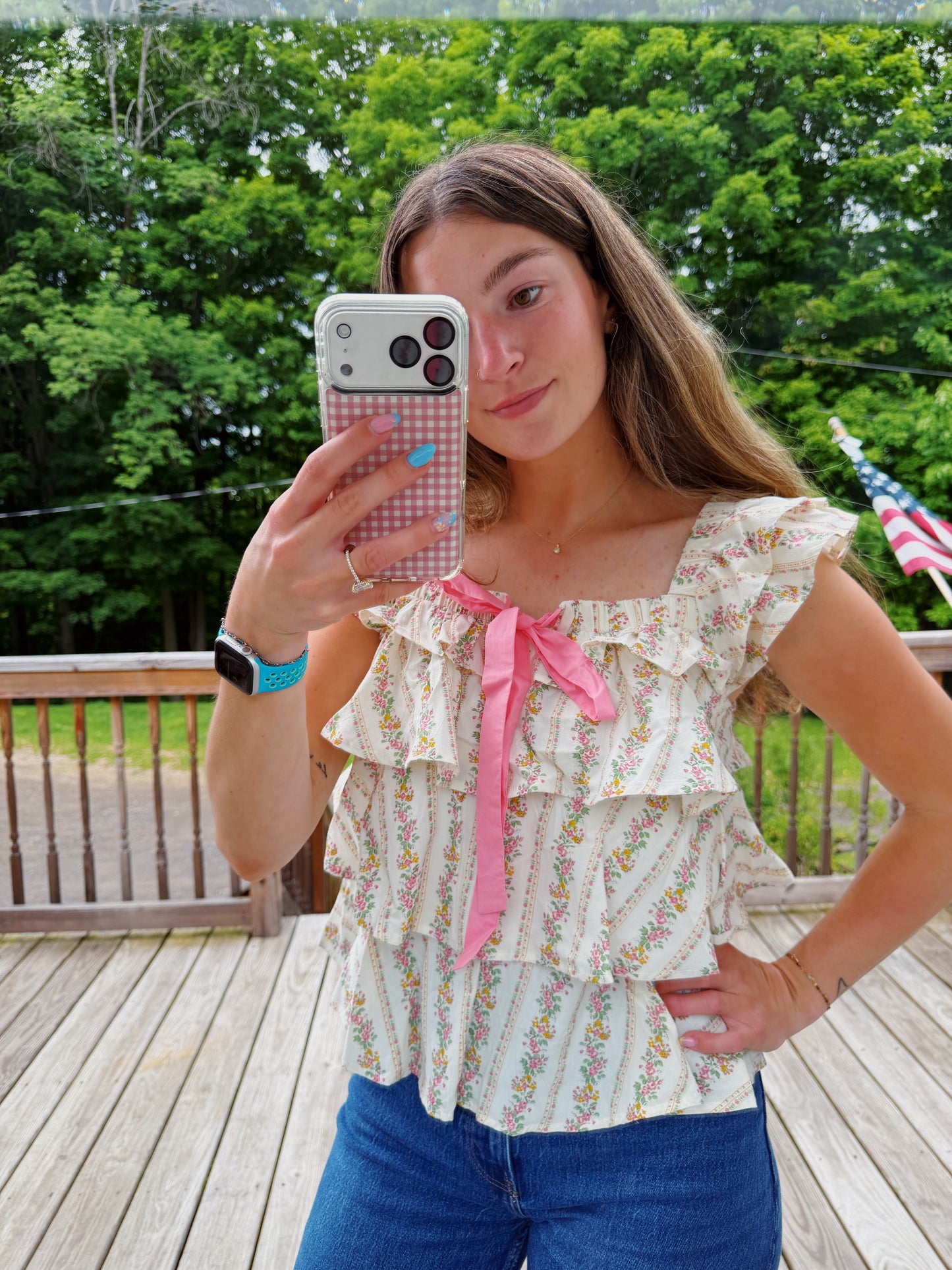 Summer Blooms Ruffle Bow Tank Blouse