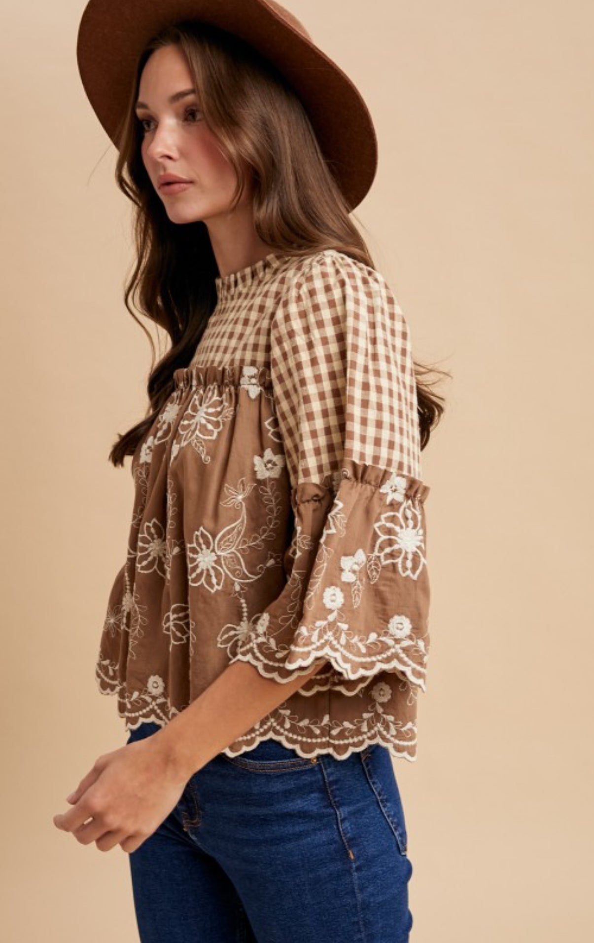 Over Coffee Chats Floral Embroidery Gingham Blouse