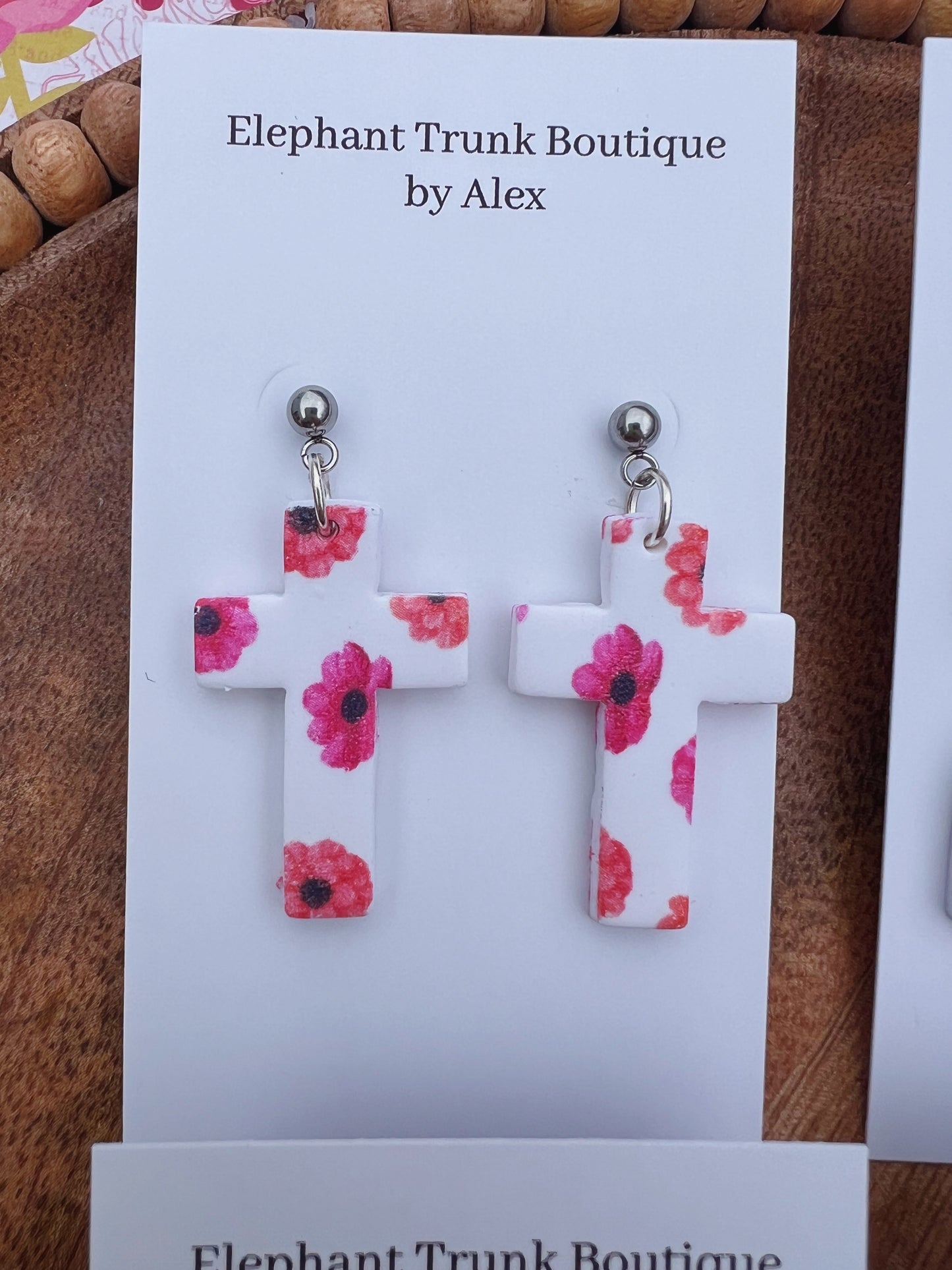 White Floral Printed Cross Clay Dangle Earrings