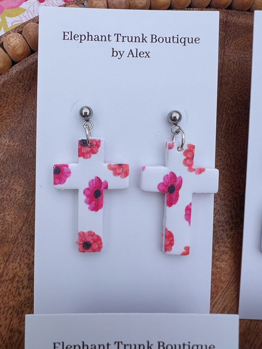 White Floral Printed Cross Clay Dangle Earrings
