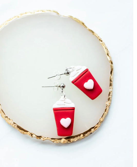 Valentines Coffee Cup Clay Dangle Earrings