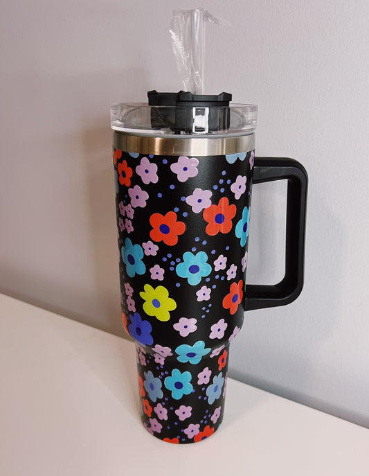 Drink Up Scattered Florals 40 OZ Drink Tumbler With Lid and Straw