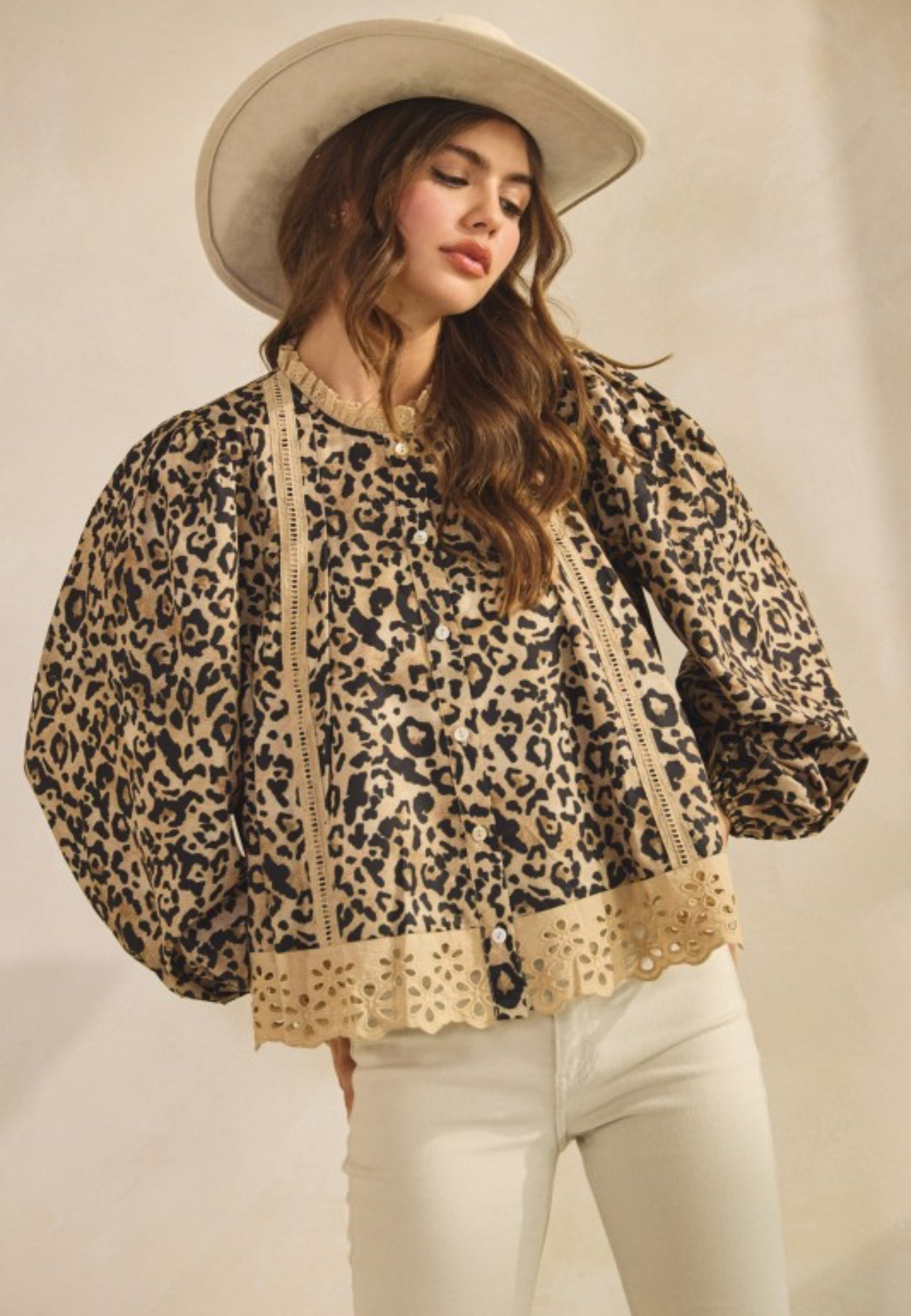 Leopard Eyelet Hem Button Down Blouse